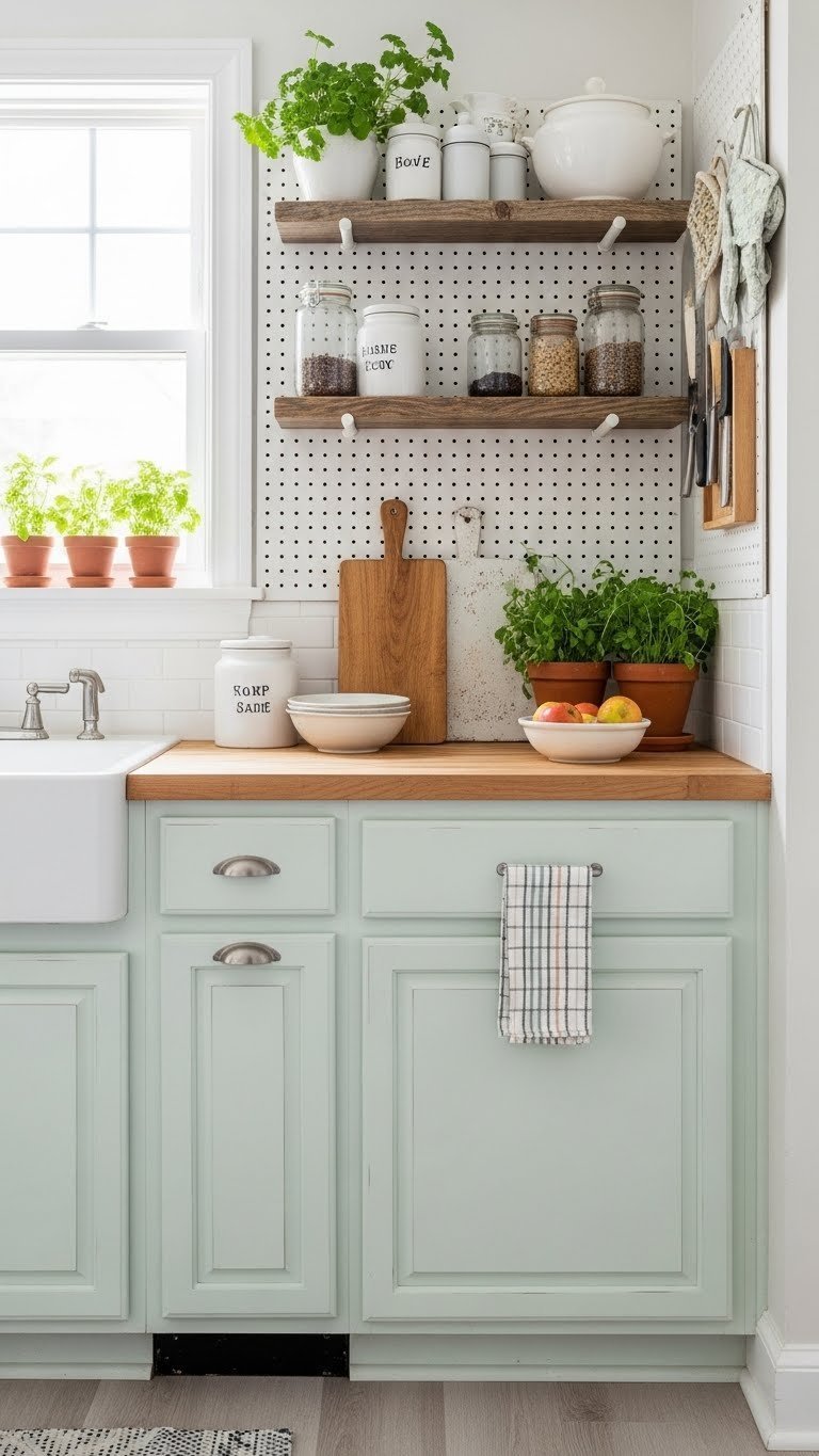 Budget-friendly DIY single-wall kitchen with painted cabinets, butcher block countertops, and reclaimed wood floating shelves