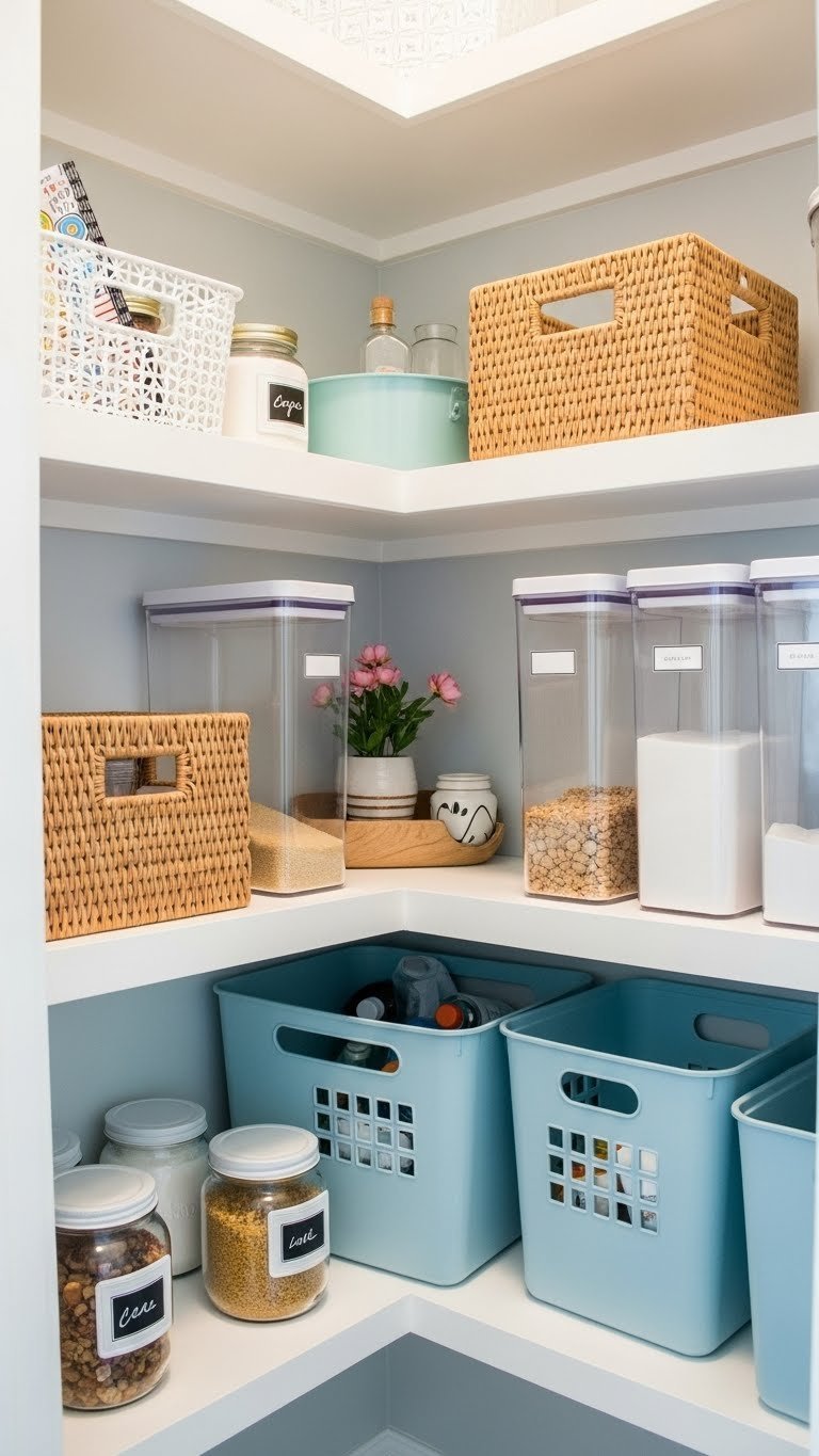 11 Corner Pantry Ideas: Maximize Kitchen Space &Amp; Style 13 Budget-friendly corner pantry makeover with contact paper shelves, baskets, and clear containers.