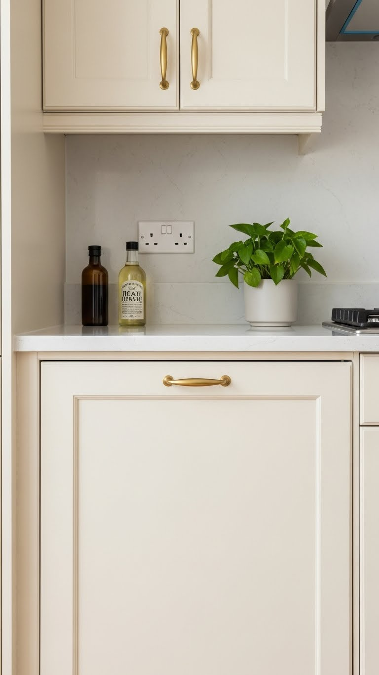 Budget-friendly cream cabinet update with fresh paint and modern hardware transforming dated kitchen cabinets