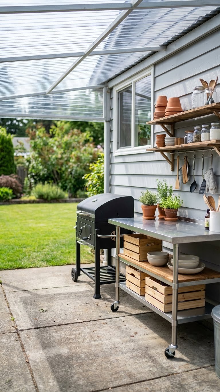 Outdoor Kitchen Enclosed Design Ideas For Year Round Use 13 Budget-friendly lean-to outdoor kitchen with clear polycarbonate roof, freestanding grill, and simple concrete slab foundation