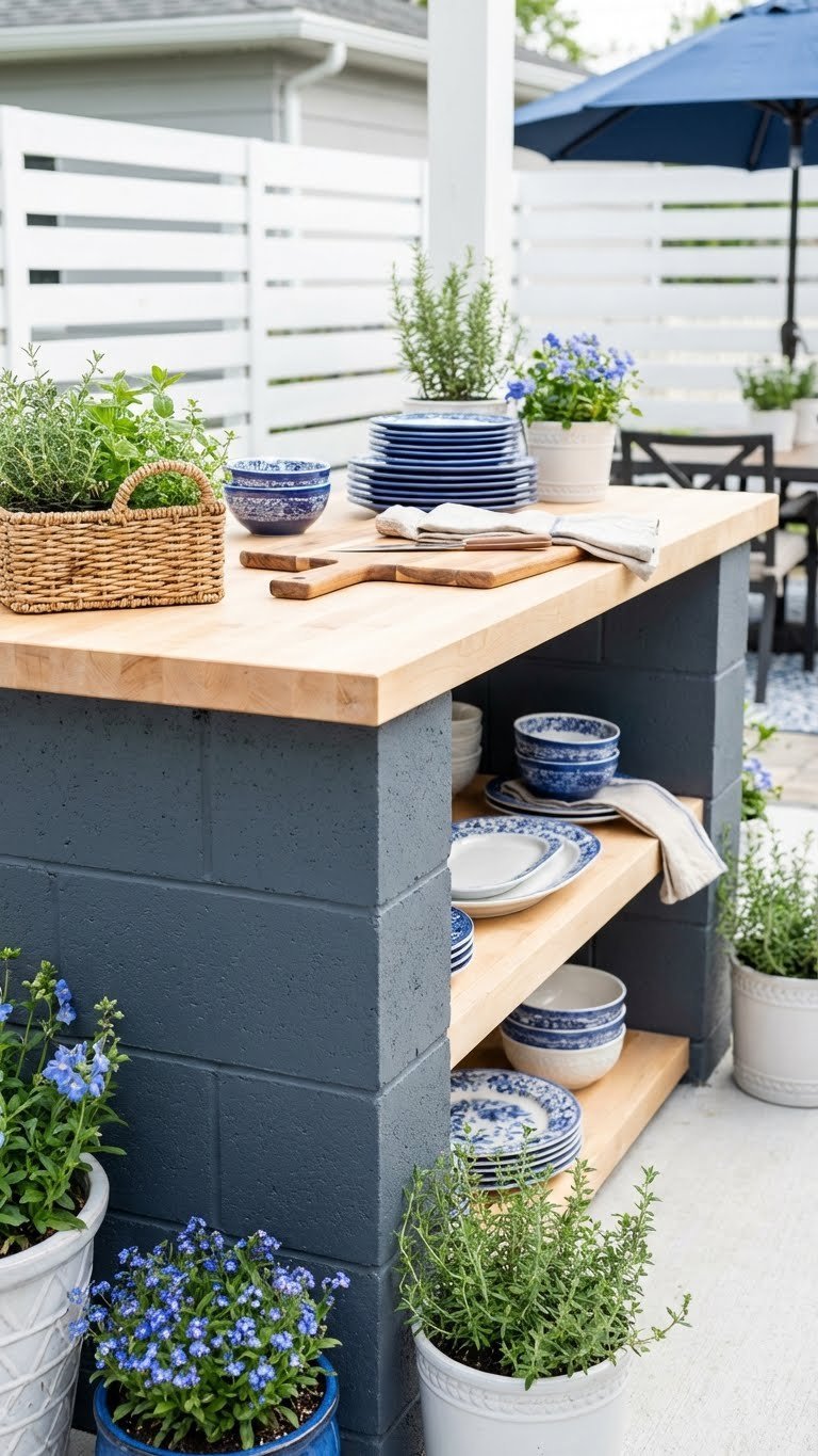 Budget-friendly outdoor kitchen made from painted cinder blocks with butcher block countertop in modern design.