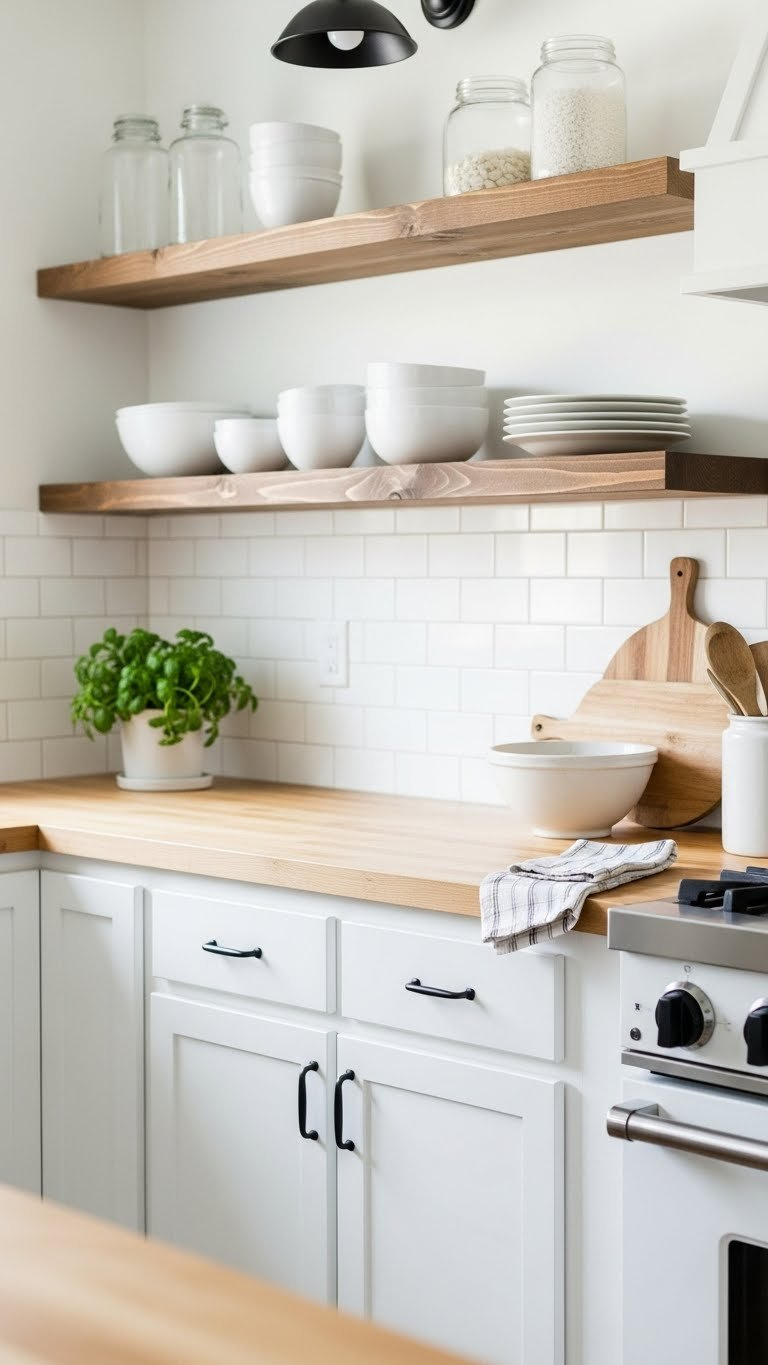 Budget-friendly rustic farmhouse kitchen transformation with painted cabinets, matte black hardware, and DIY open shelves creating charming aesthetic.