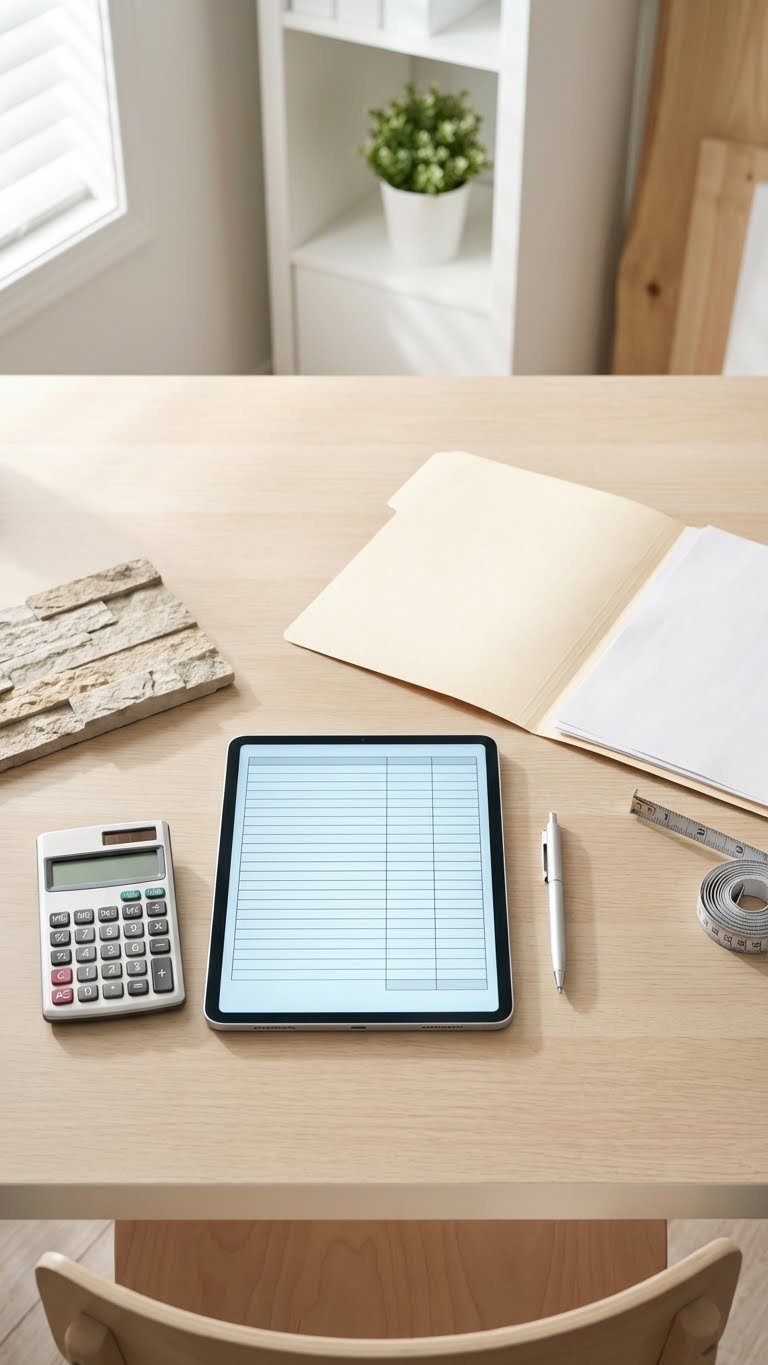 Outdoor Kitchen With Green Egg Design Build Cost Guide 17 Budget planning flat lay showing tablet with spreadsheet, calculator, and contractor quotes for outdoor kitchen project