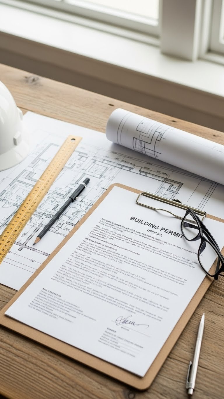 Building permit clipboard on architectural blueprints for outdoor kitchen planning and compliance