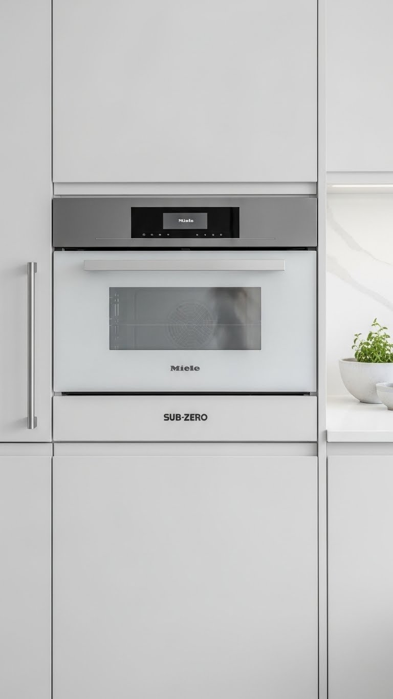 Built-in Miele steam oven and Sub-Zero refrigerator drawer flush-mounted in white cabinetry with minimalist decor