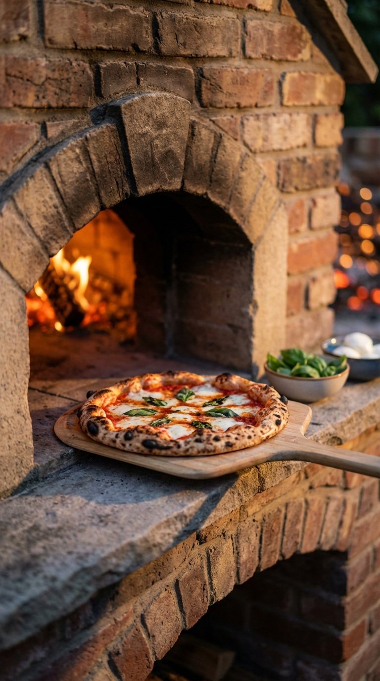 Outdoor Kitchen Entertaining Ideas Proven Tips For Homeowners 9 Built-in brick pizza oven with margherita pizza on peel being removed from glowing fire.
