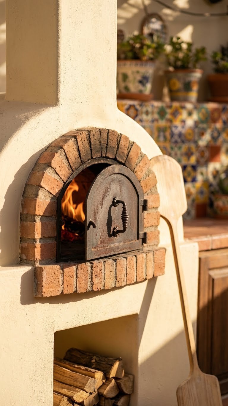 Outdoor Kitchen Mexican Style Ideas For Authentic Entertaining 5 Built-in brick pizza oven with terracotta finish and cast iron door integrated into Mexican-style stucco wall.