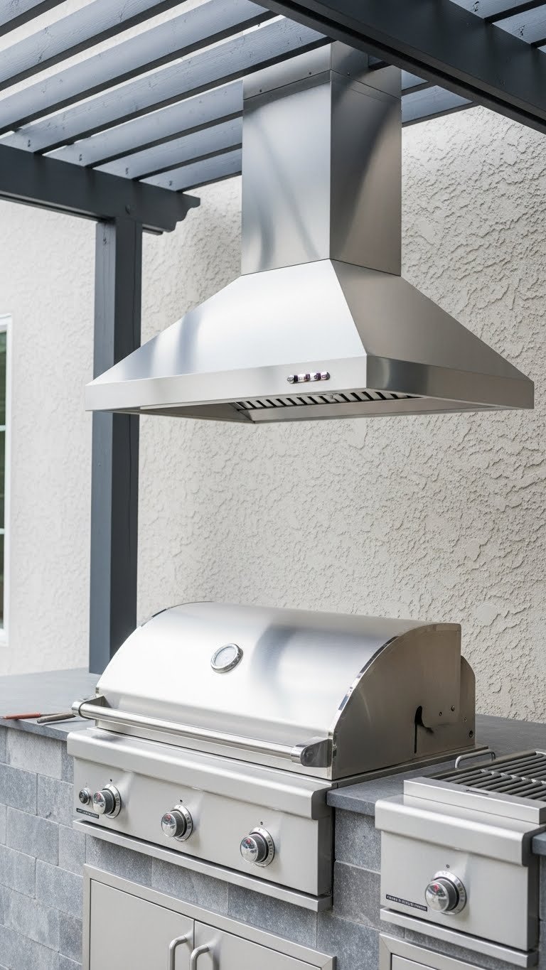 Built-in gas grill with stainless steel vent hood installed under pergola for outdoor kitchen ventilation