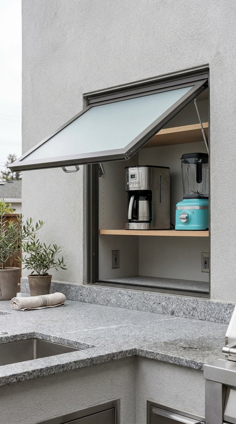 Built-in outdoor kitchen cabinet with lift-up door storing blender and coffee maker
