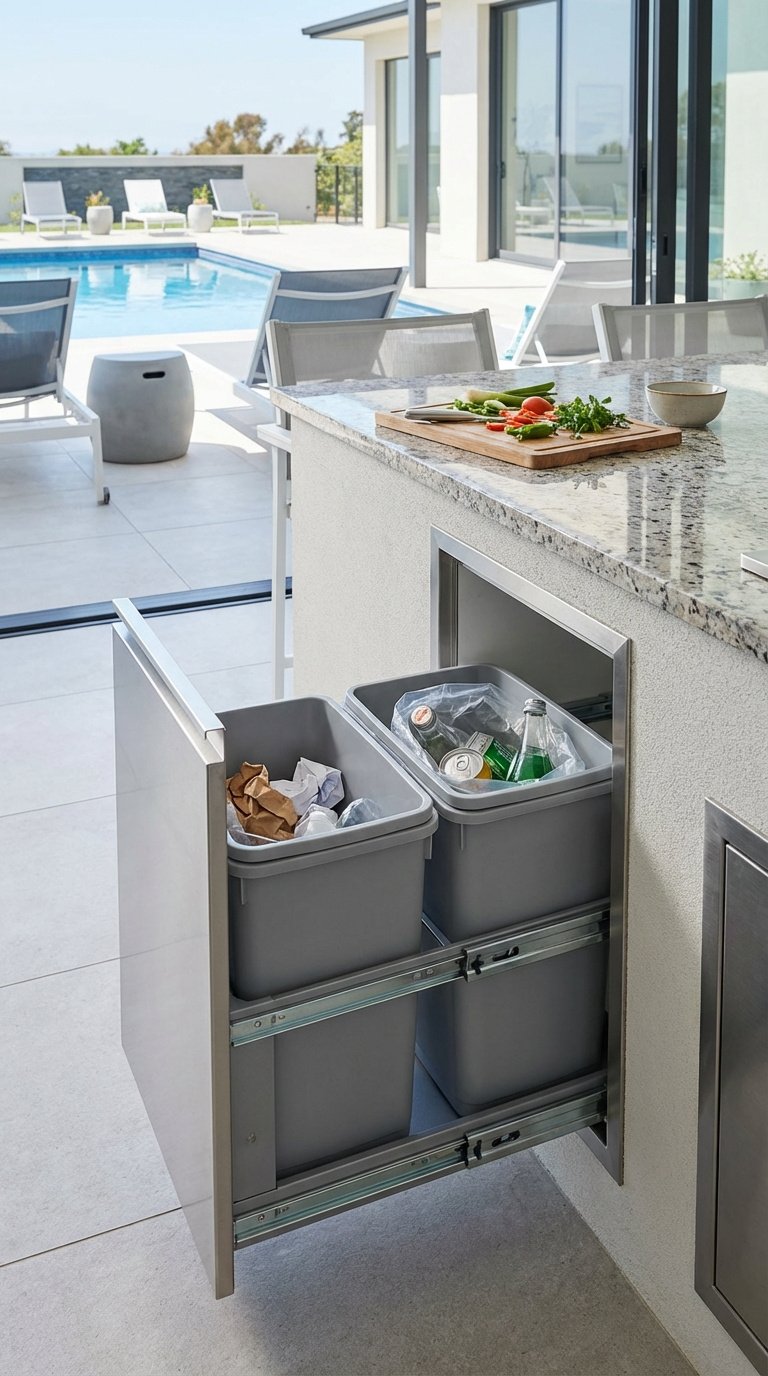 Built-in outdoor kitchen cabinet with pull-out trash and recycling bins near pool