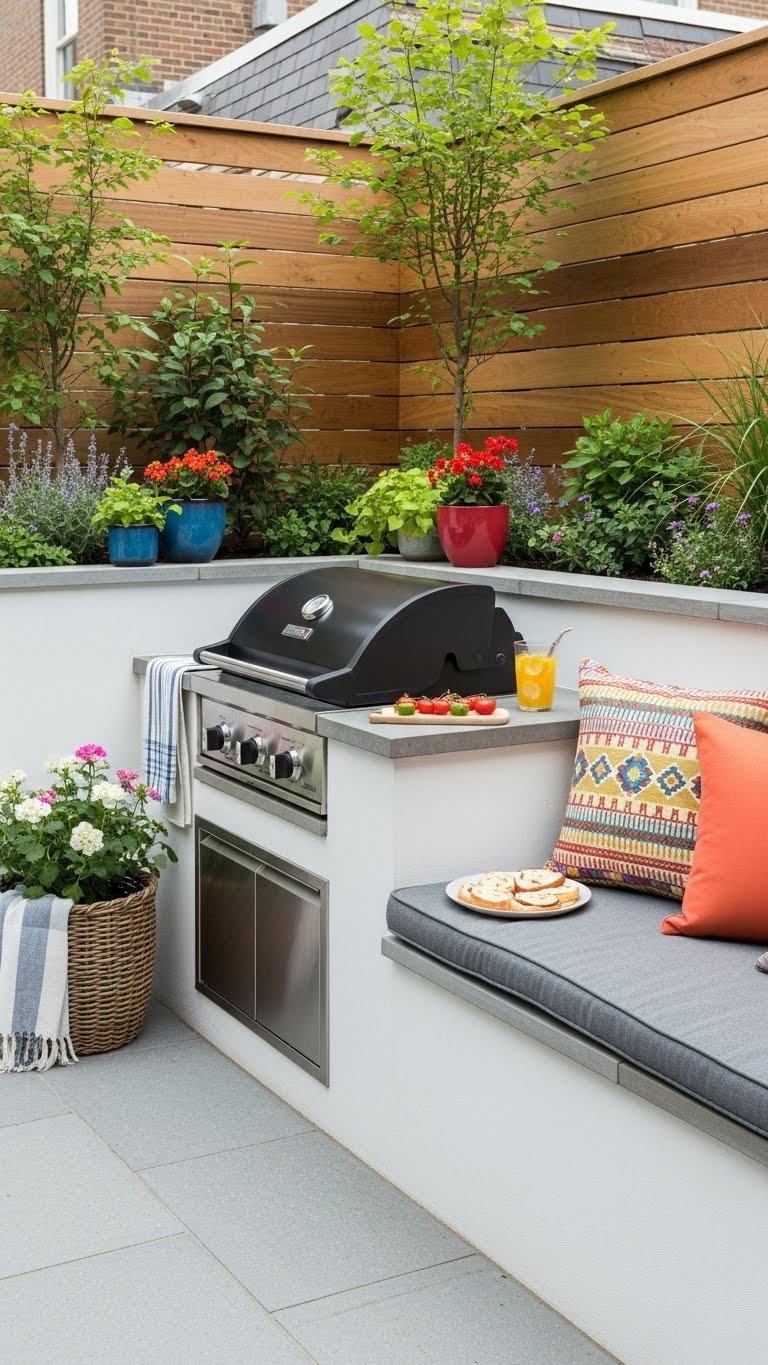 Small Outdoor Kitchen: 11 Smart Designs To Maximize Your Space 7 Built-in outdoor kitchenette with integrated bench seating and grill on stone patio with cushions