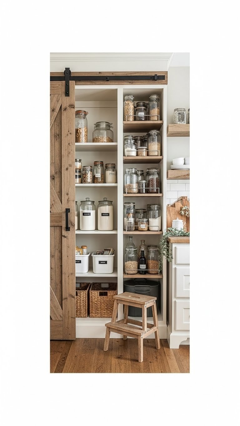 Built-in pantry with rustic barn doors and organized dry goods in U-shaped kitchen