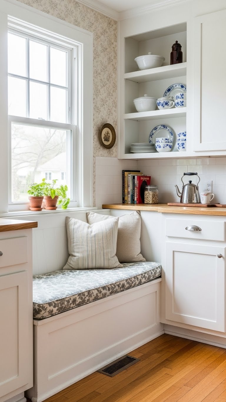 Built-in storage solutions including window seat with hidden storage and open shelving in compact 1920s kitchen