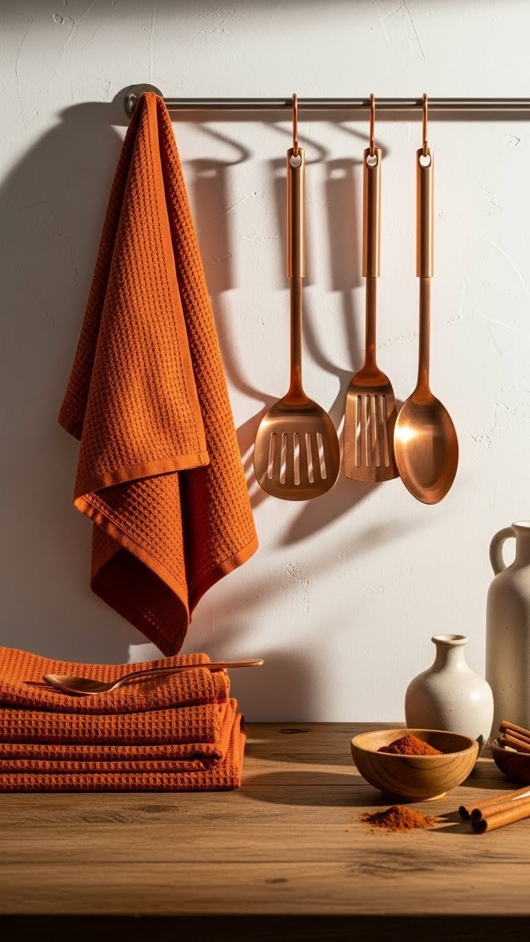 Burnt orange kitchen textiles, gleaming copper utensils on a rail, rustic wood table, spices, and a ceramic vase.