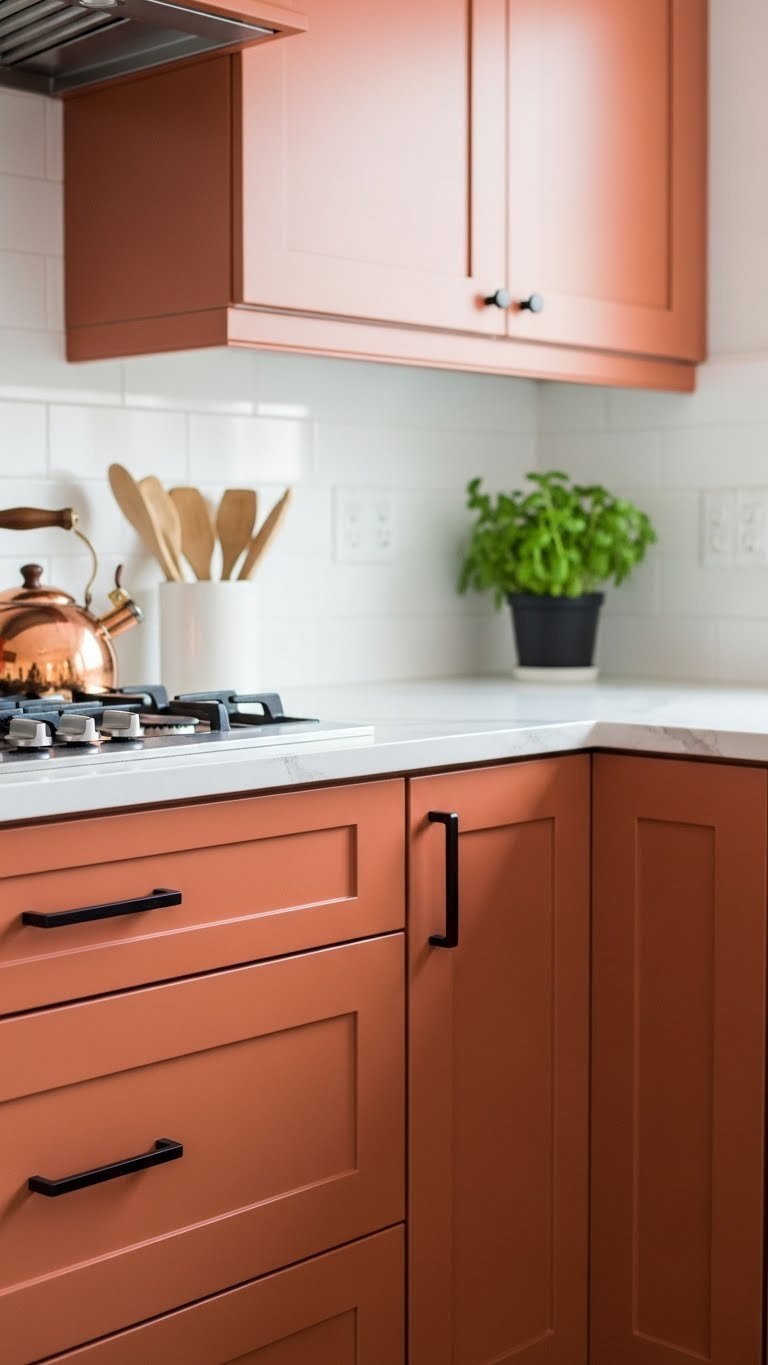 Burnt orange shaker kitchen cabinets with matte black hardware, white marble counter, copper kettle, and a green herb plant.