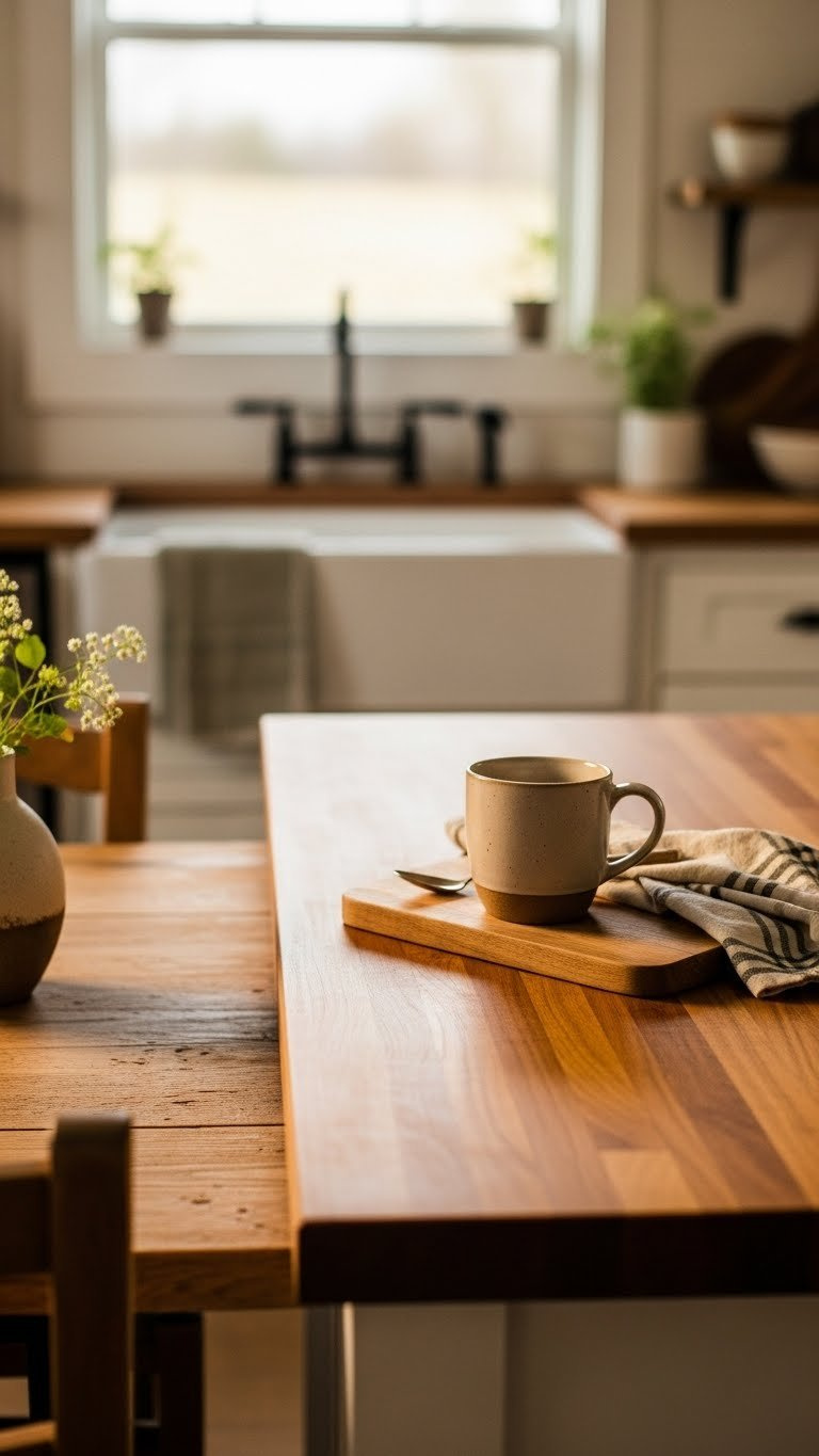 Small Rustic Kitchen: 9 Diy &Amp; Budget-Friendly Ideas 5 Butcher block countertop with ceramic coffee mug and wooden cutting board in rustic kitchen