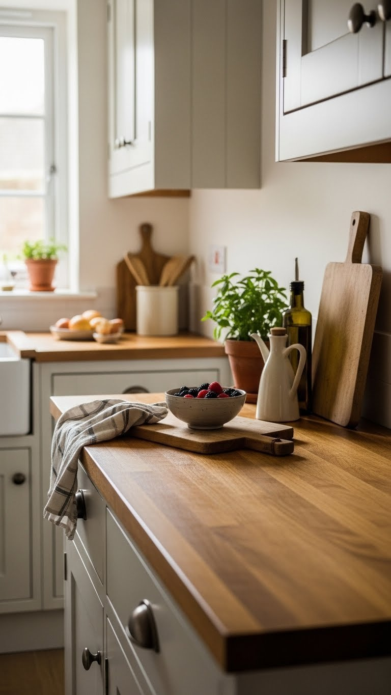 Small Cottage Kitchen: 9 Genius Ideas To Maximize Charm 5 Butcher block countertop with fresh berries bowl and vintage cutting board in small cottage kitchen setting