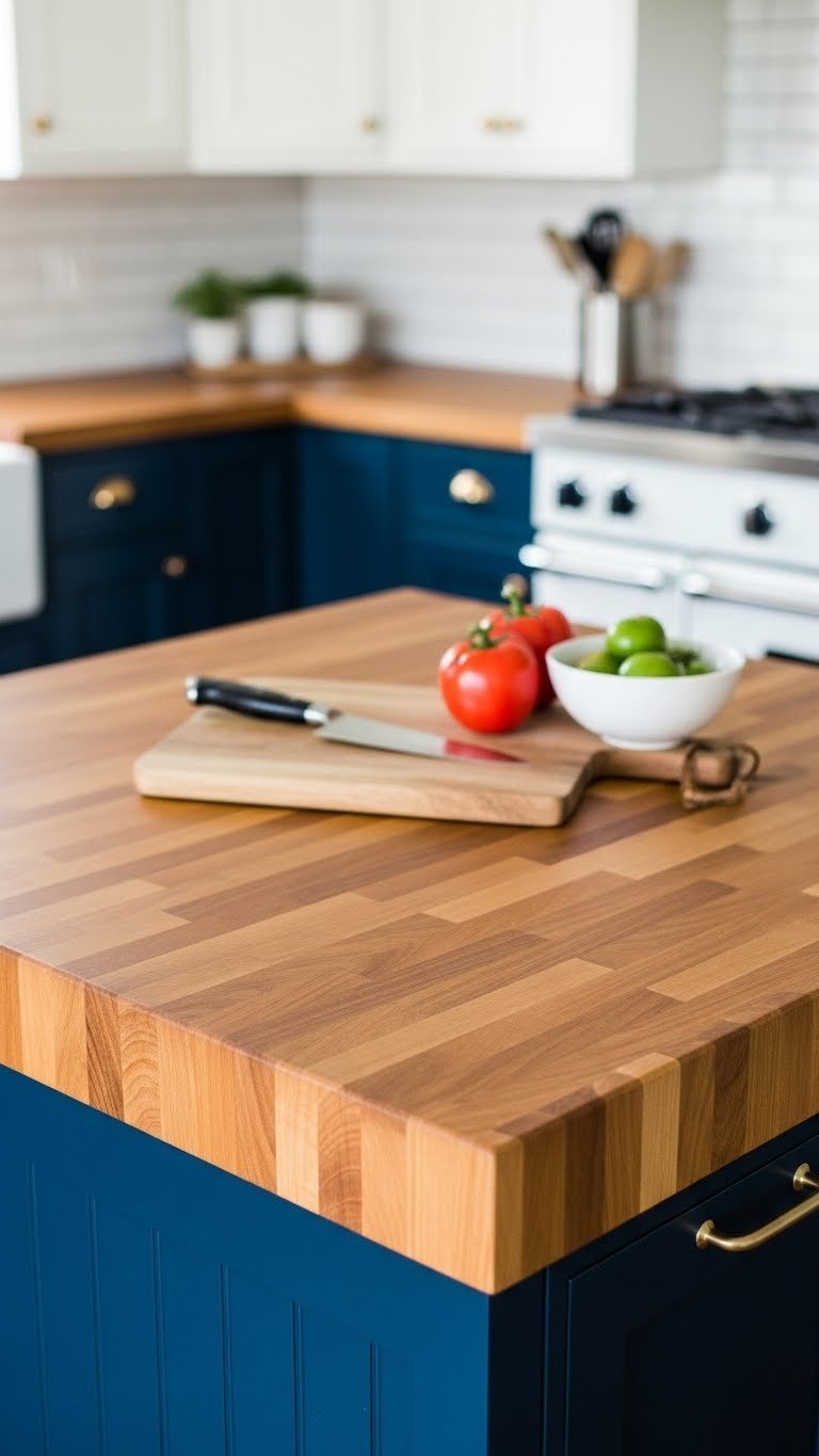 Butcher block countertop with rich wood grain patterns contrasting with deep navy blue base cabinets
