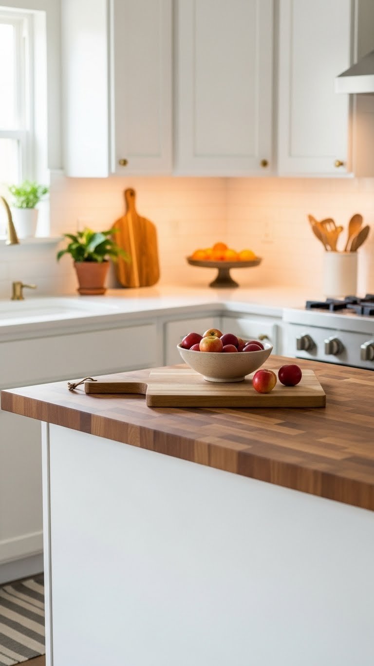 Butcher block island countertop with natural wood accents and fresh fruit against white shaker cabinets
