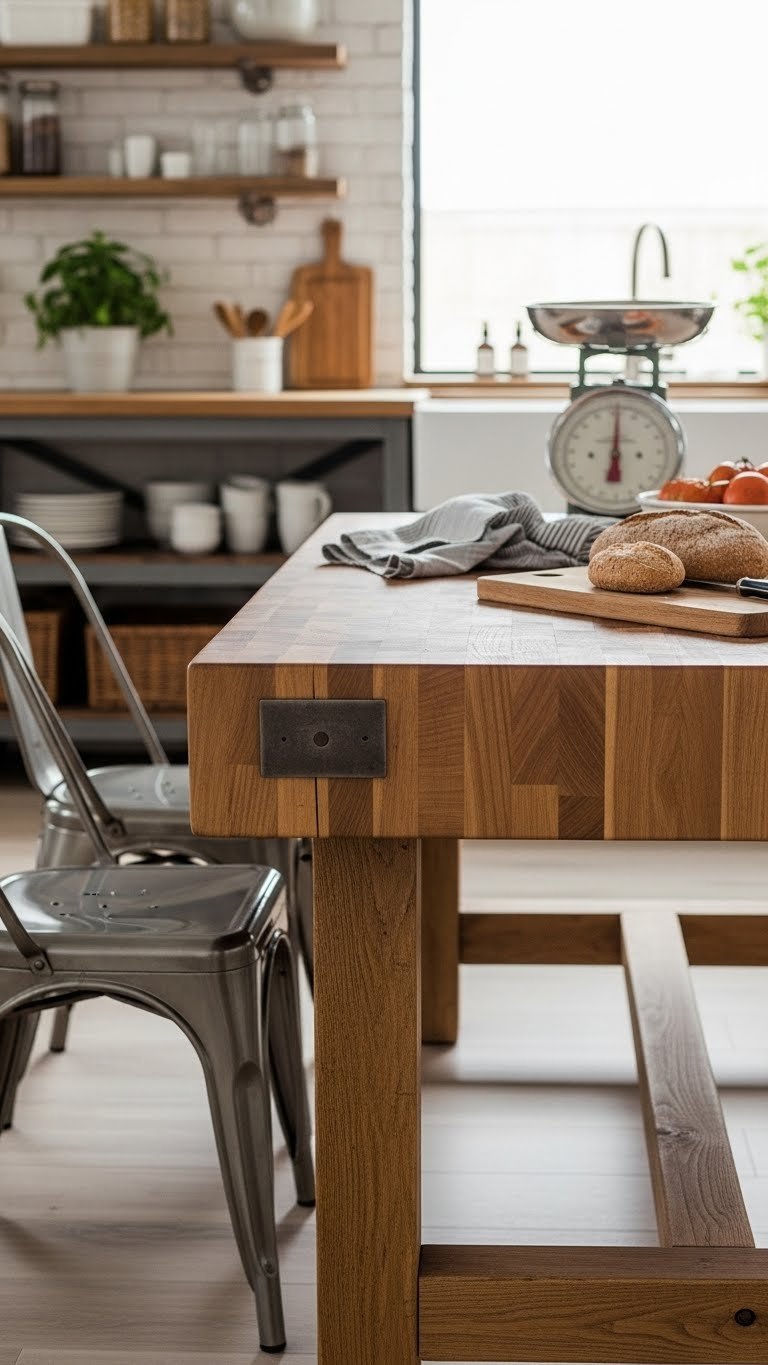 Butcher block rustic kitchen table with end-grain wood pattern in functional kitchen with industrial metal chairs