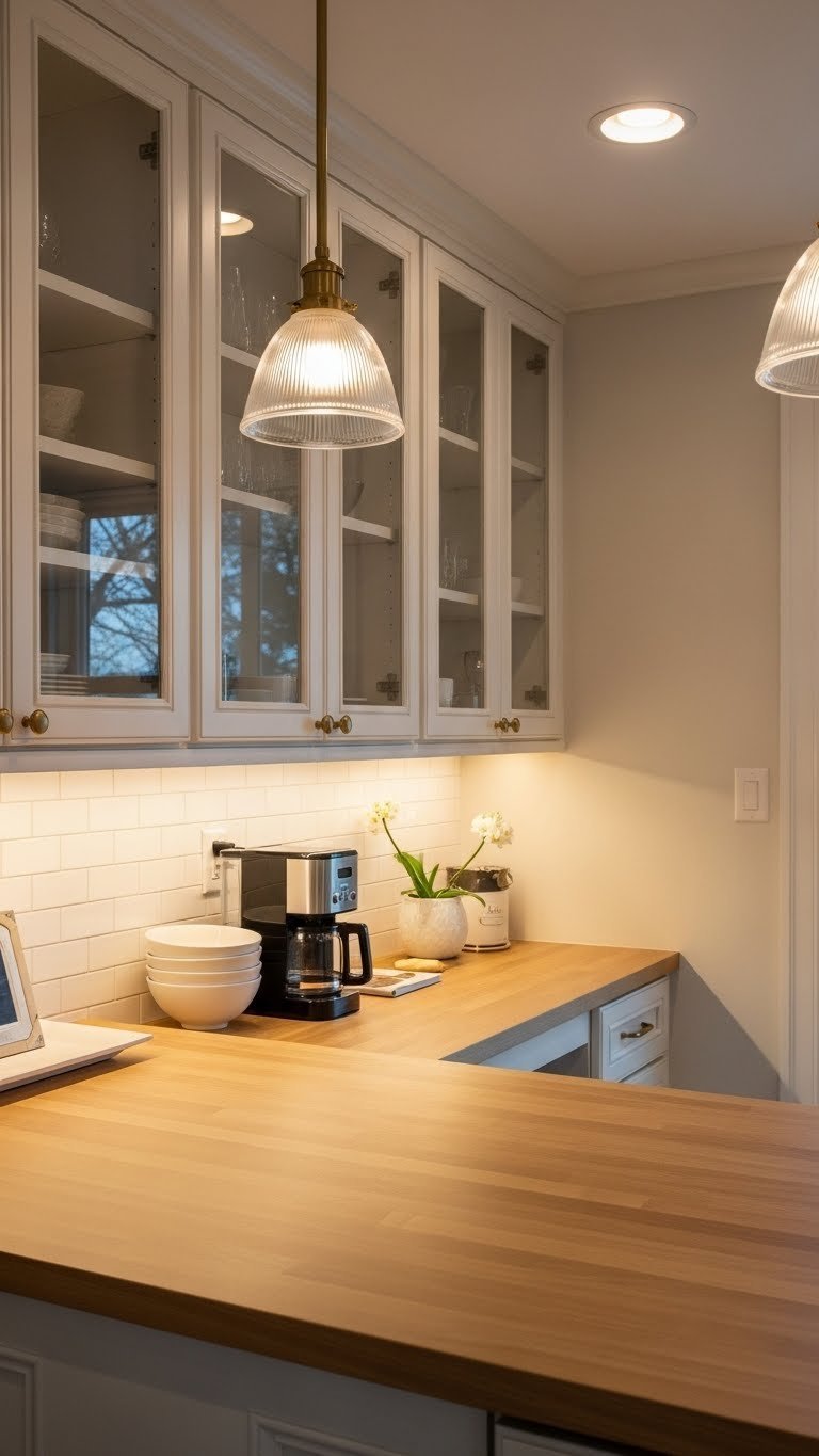 Butlers Pantry Ideas: Ultimate Plan, Design, Organize 6 Butlers pantry with optimized lighting, featuring warm under-cabinet lights, recessed ceiling lights, and a decorative pendant over a workstation.