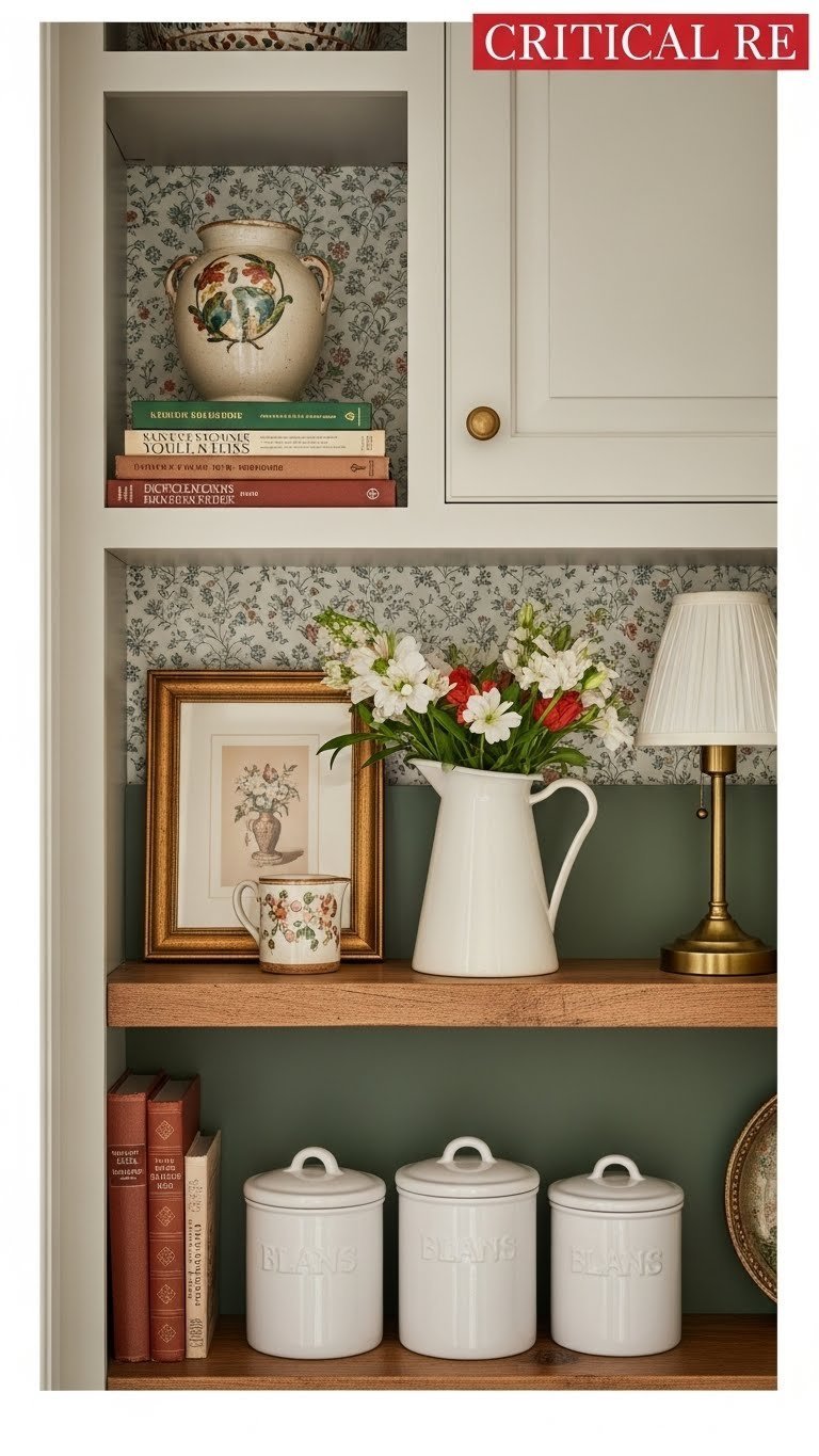 Butlers Pantry Ideas: Ultimate Plan, Design, Organize 14 Butlers pantry with personal touches and stylish decor, featuring framed art, vintage pitcher with flowers, and elegant storage canisters.