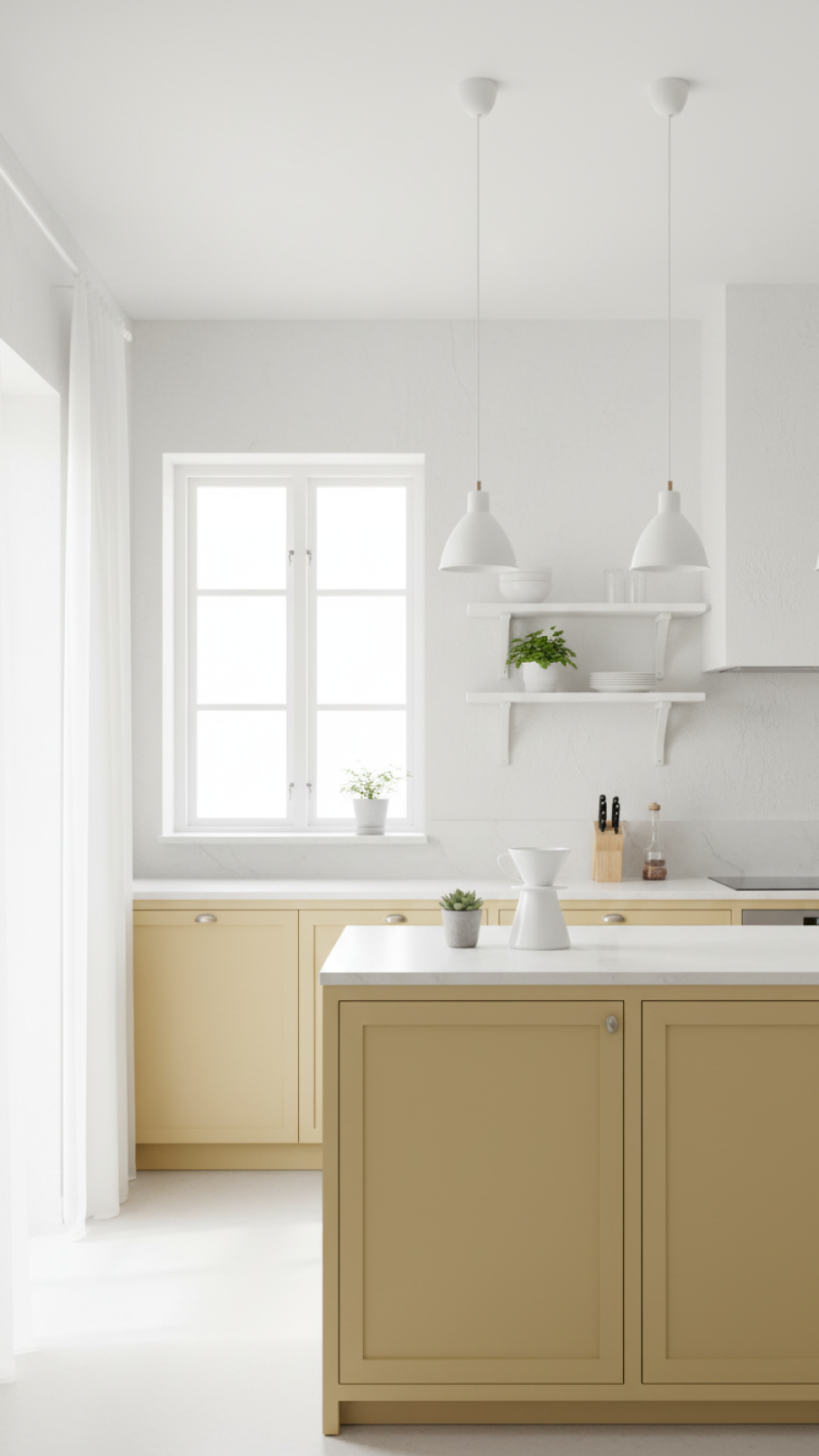 Butter yellow Scandinavian kitchen bathed in natural light from large window with sheer curtains and minimalist pendant lighting