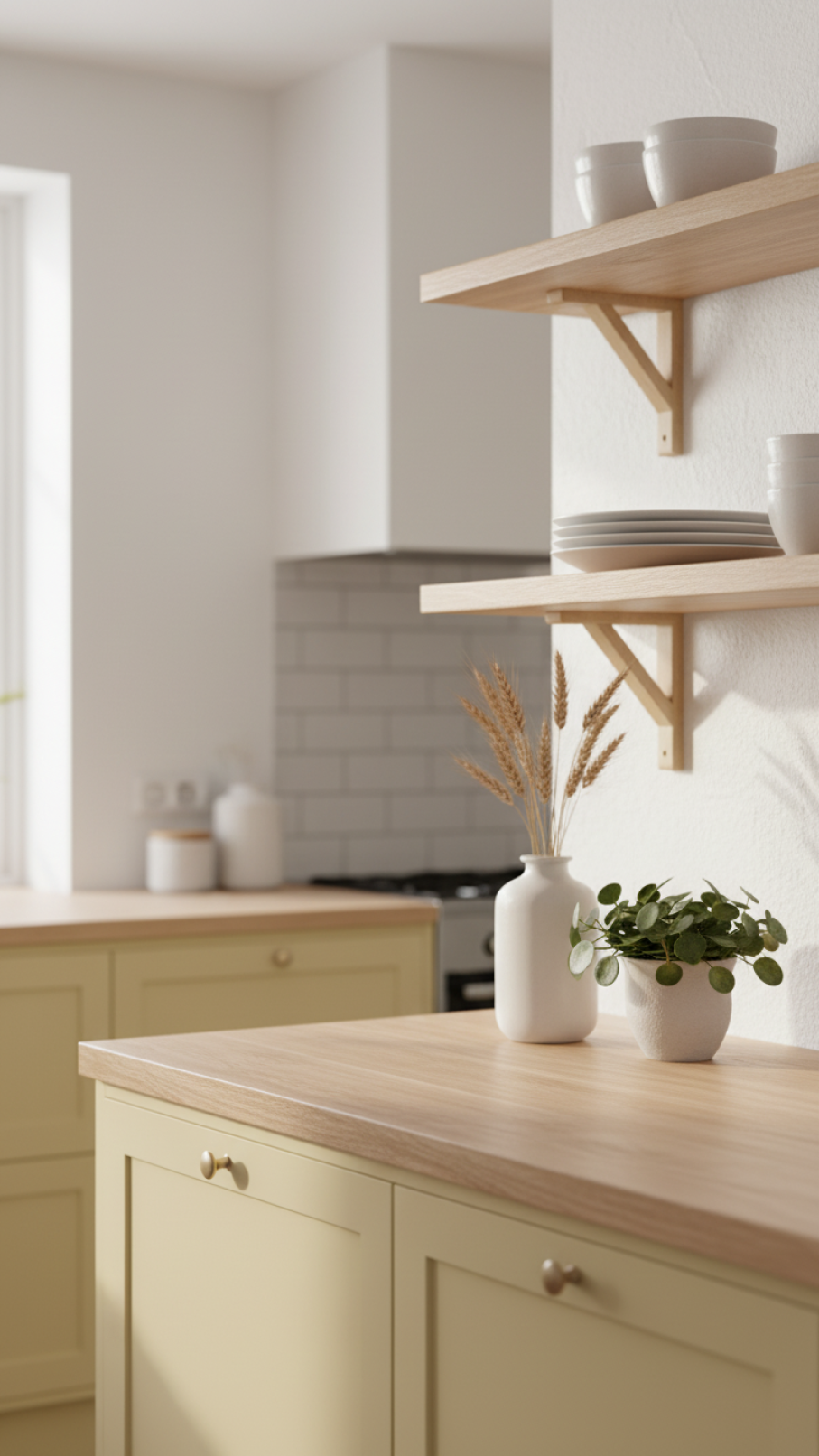 Butter yellow Scandinavian kitchen cabinetry paired with natural wood shelving featuring ceramic vase and green plant in warm natural light