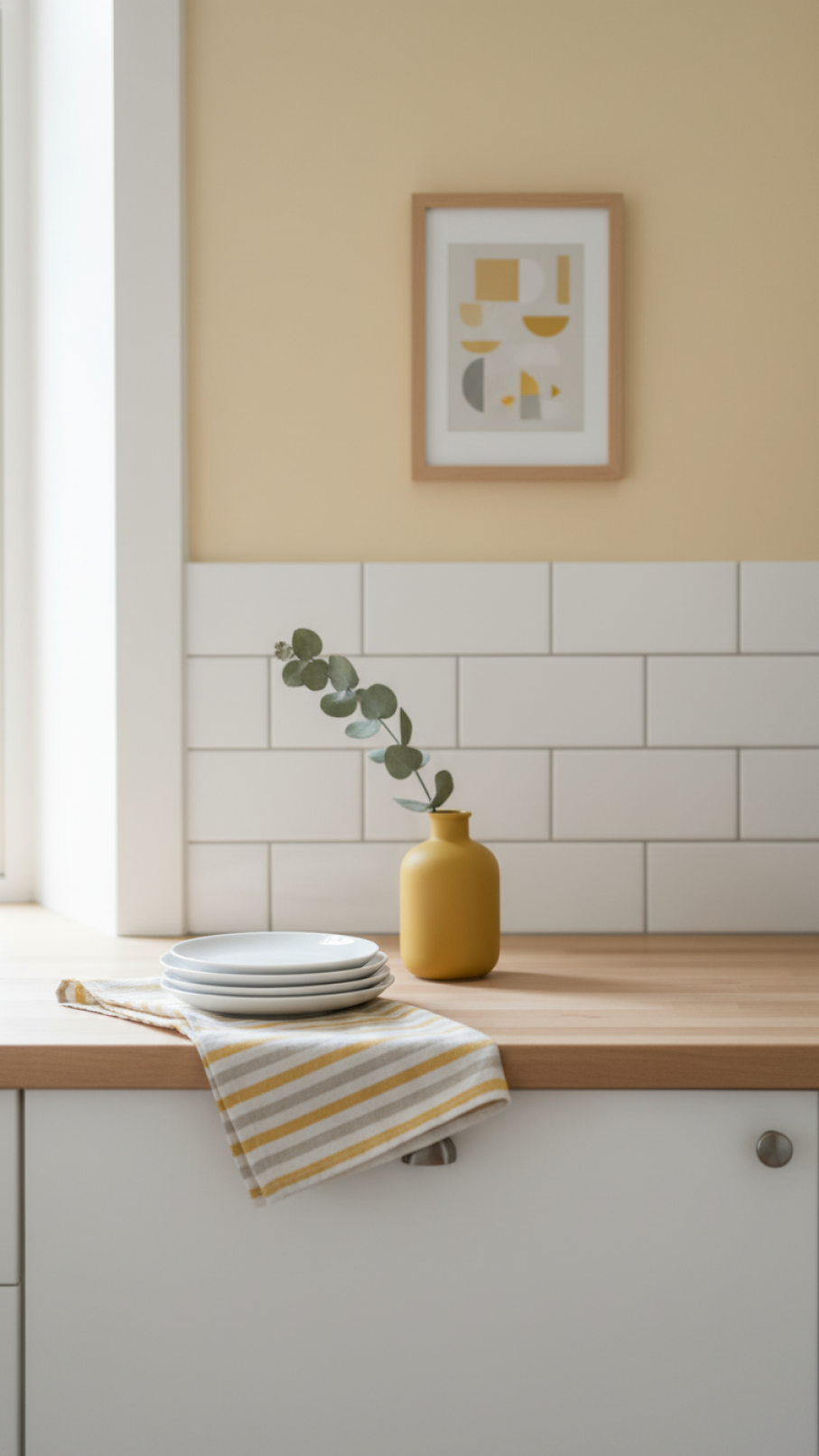 Butter yellow Scandinavian kitchen with yellow accent vase and striped dishtowel on light wood countertop in cozy natural lighting