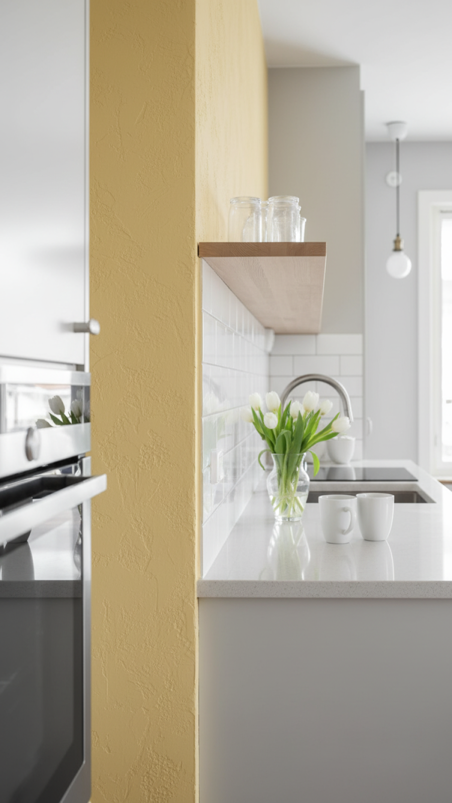 Butter yellow kitchen cabinet transitioning to white countertop with minimalist white ceramics and delicate flowers in bright daylight