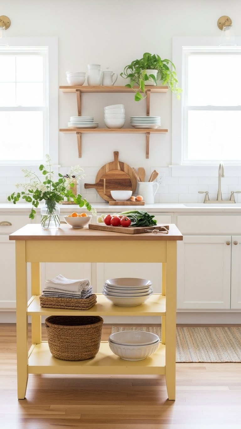 Butter yellow kitchen island with white cabinetry, light wood flooring, and rustic wooden cutting board with fresh produce