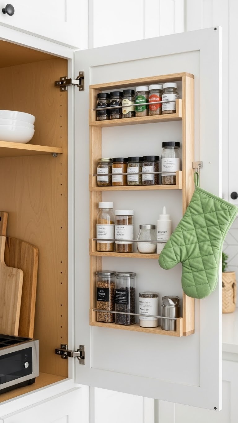Cabinet door pantry organizer with spice rack and small jar shelves, maximizing utility in a small kitchen space.