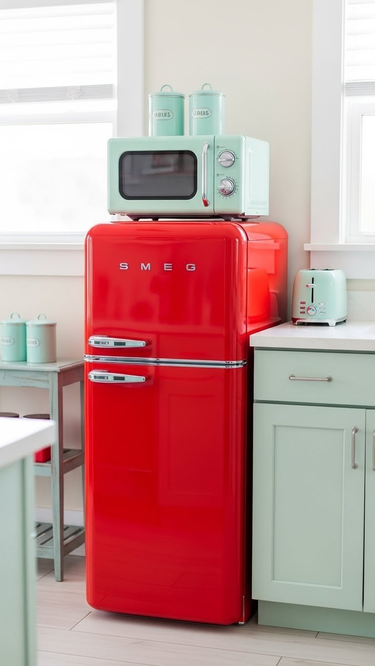 Candy apple red retro refrigerator and mint green compact microwave in a vibrant 1950s-inspired small kitchen with chrome accents