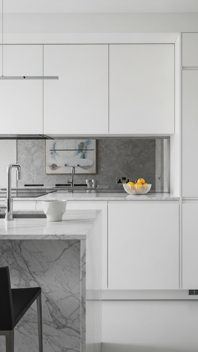 Carrara marble countertop with waterfall edge reflecting under-cabinet lighting in luxury kitchen design