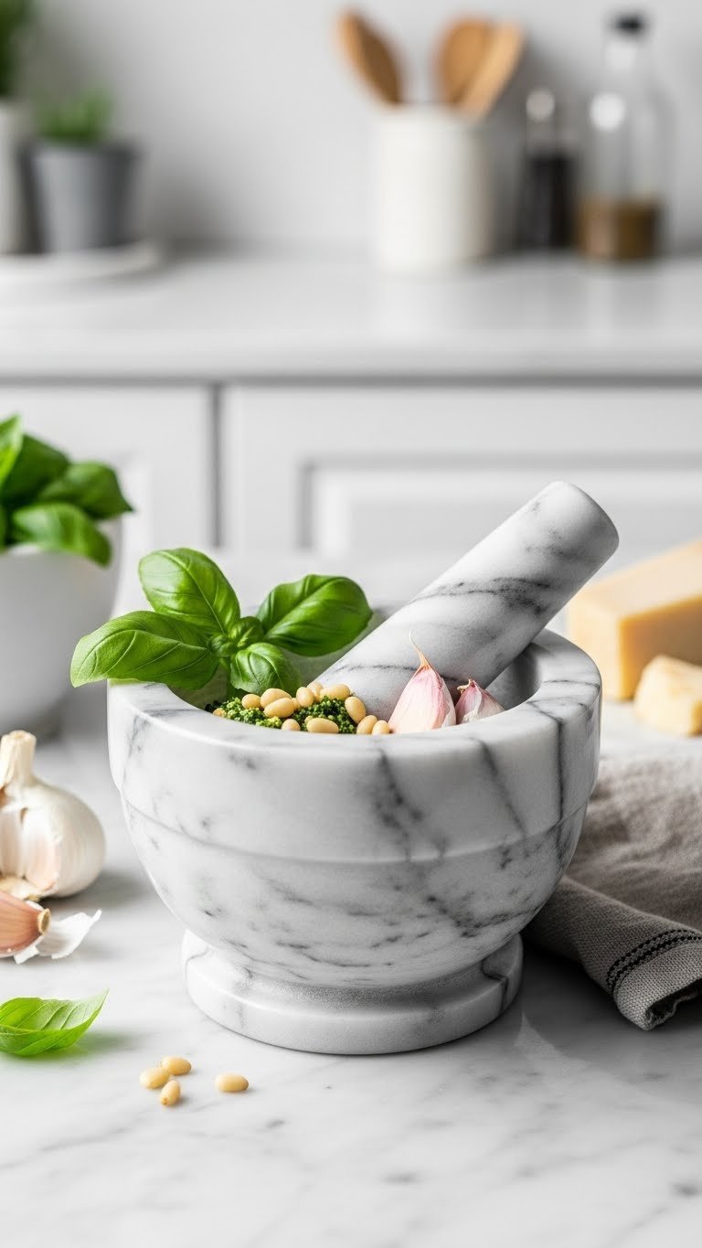 Carrara marble mortar and pestle with fresh basil, pine nuts, and garlic cloves for pesto preparation on marble countertop