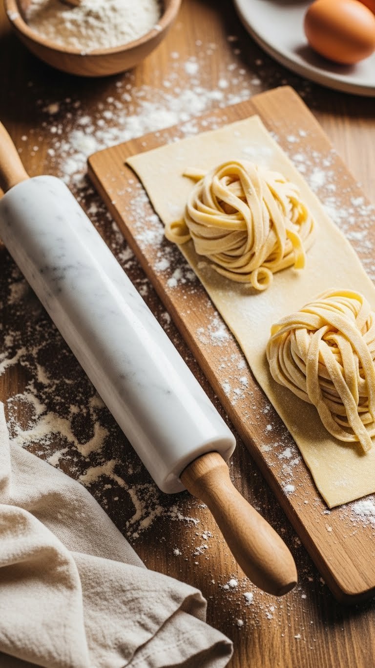 Carrara marble rolling pin on floured wooden surface with fresh pasta dough and baking ingredients.