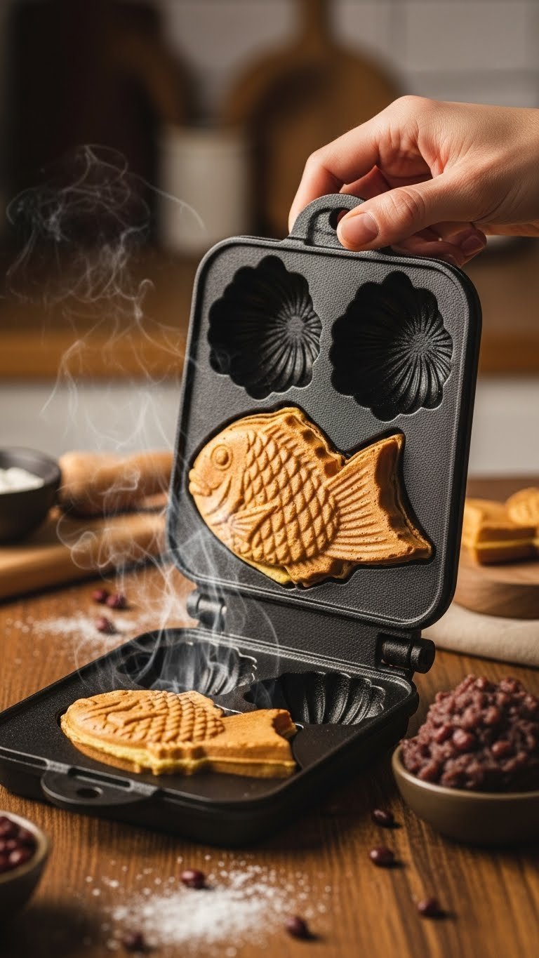 9 Smart Japanese Kitchen Gadgets For Home Cooks 16 Cast iron taiyaki pan baking fish-shaped cakes with red bean filling