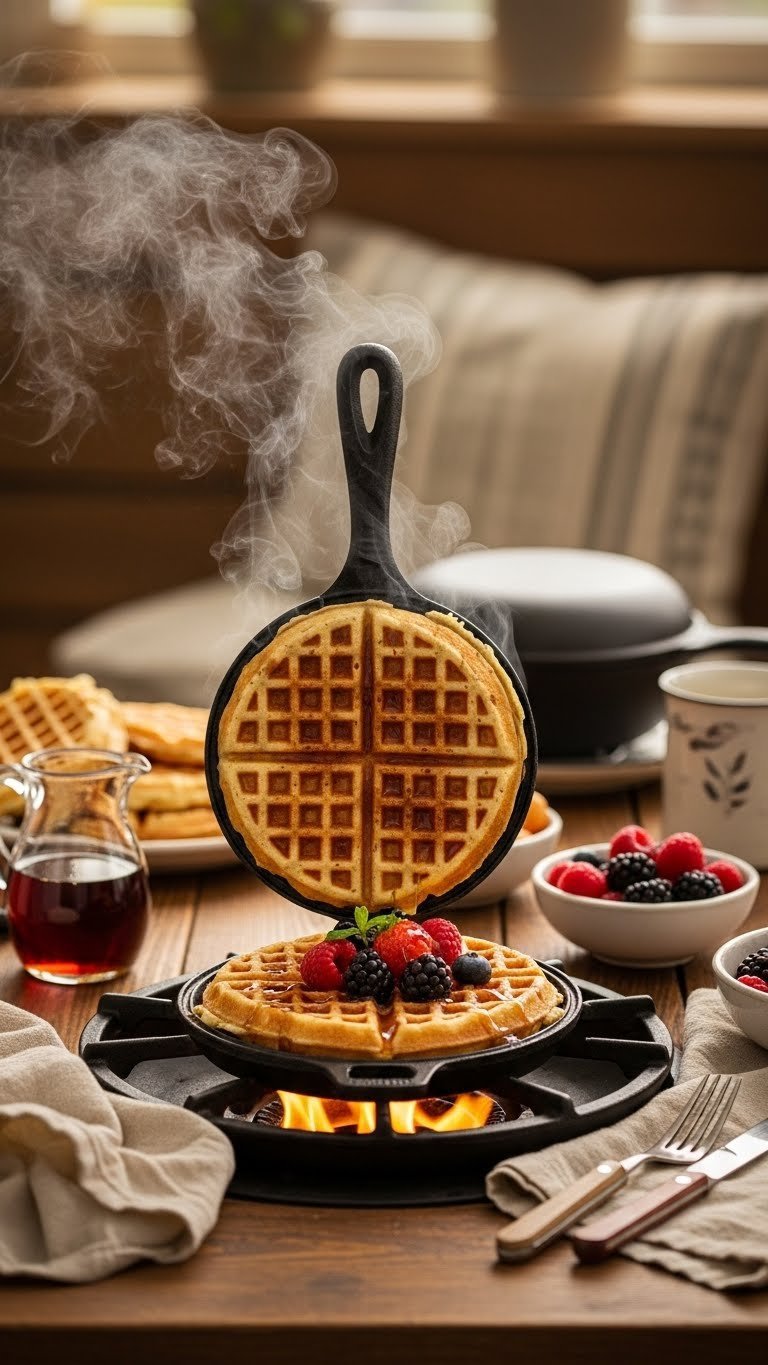 Cast iron waffle iron producing golden waffle with maple syrup and berries on rustic table