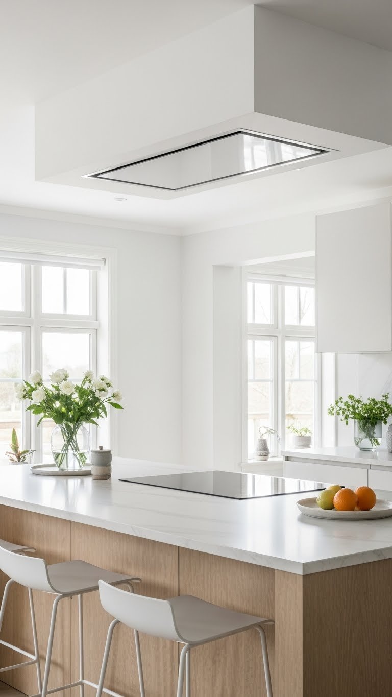 Ceiling-mounted extractor fan seamlessly integrated into white ceiling above kitchen island cooktop
