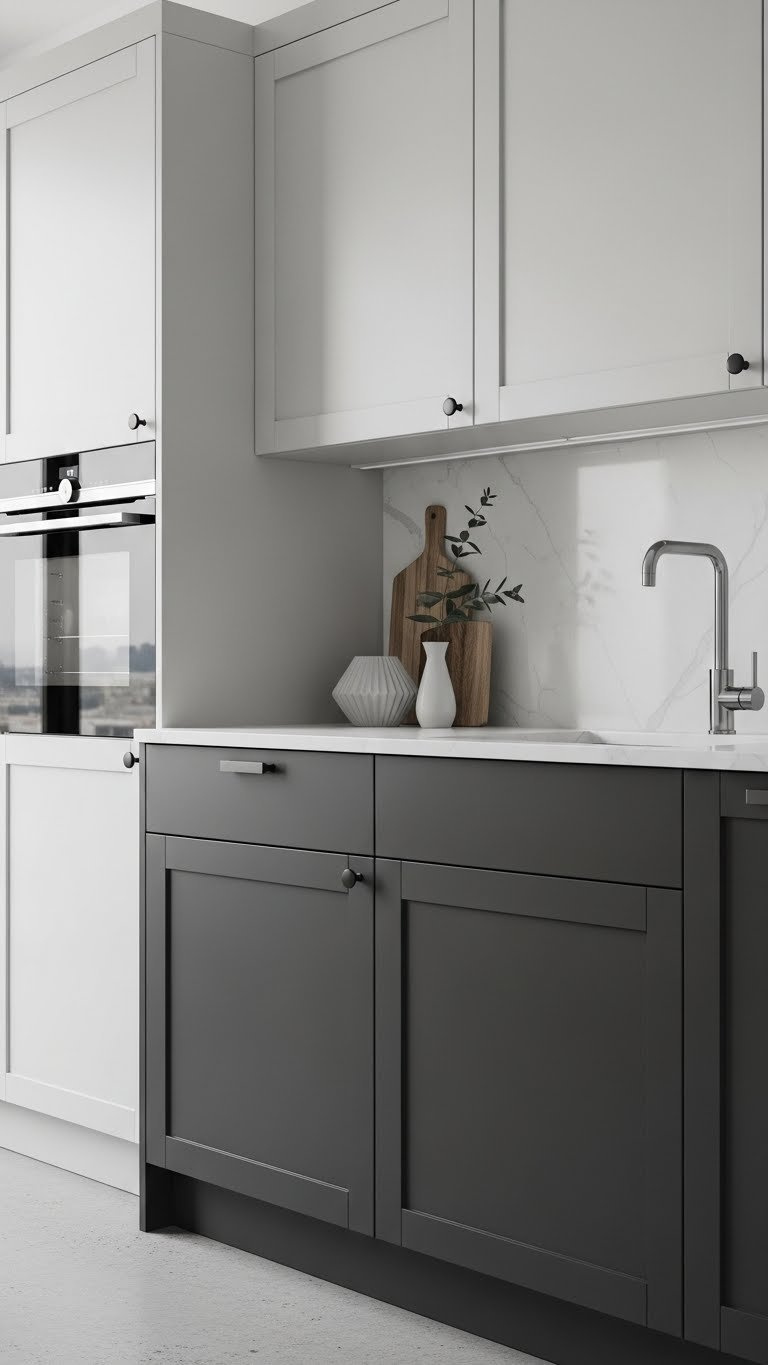 Charcoal gray lower cabinets paired with light gray upper cabinets in a modern compact kitchen with stainless steel appliances