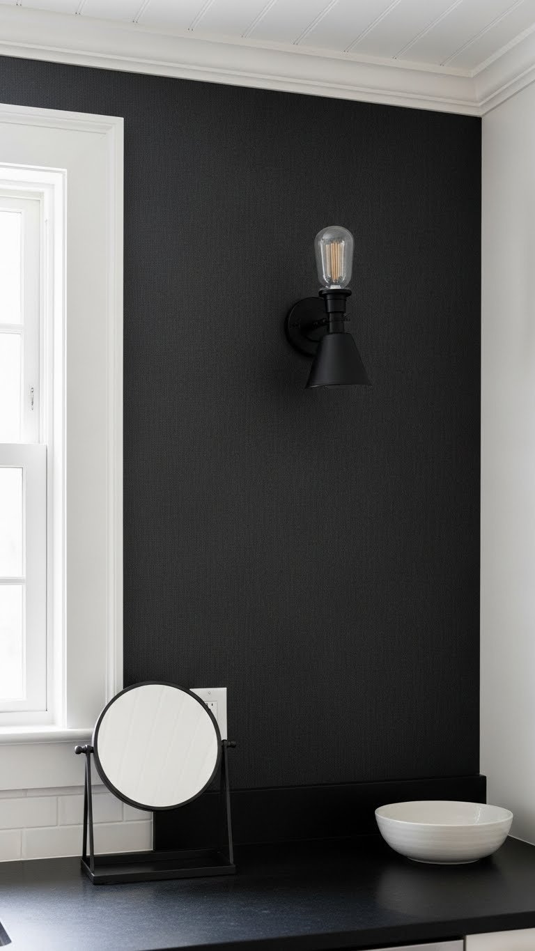 Dark Kitchen Aesthetic Apartment: Chic &Amp; Cozy Design Guide 15 Charcoal grey peel-and-stick wallpaper on a kitchen wall, offering a renter-friendly dark kitchen wall treatment.