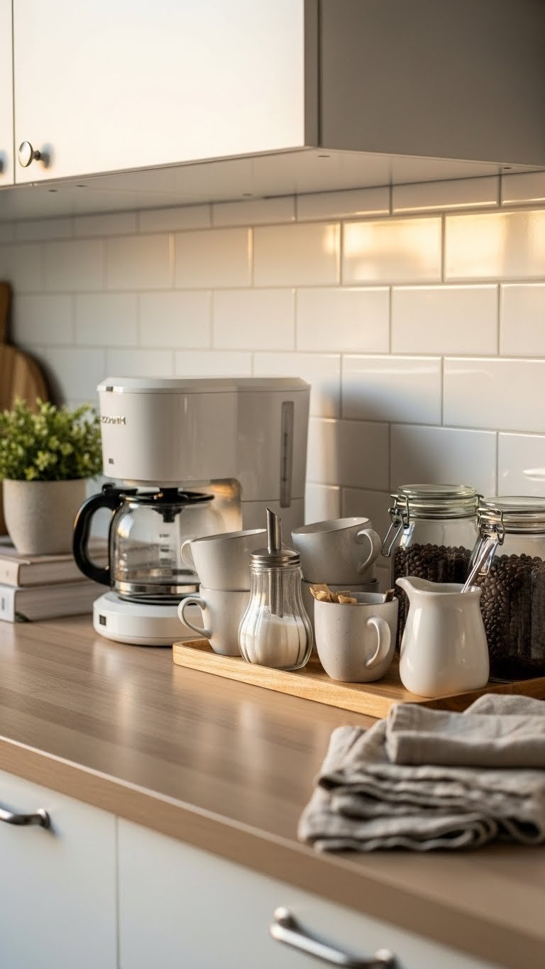 Charming Scandi coffee station with modern coffee maker and mugs on wooden tray with warm lighting