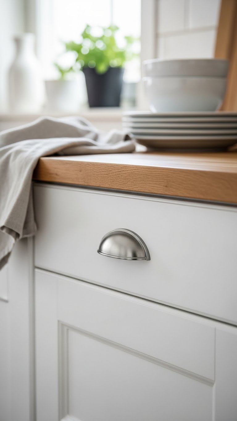 Charming Scandinavian kitchen with classic brushed nickel cup pull handles on white shaker-style cabinets