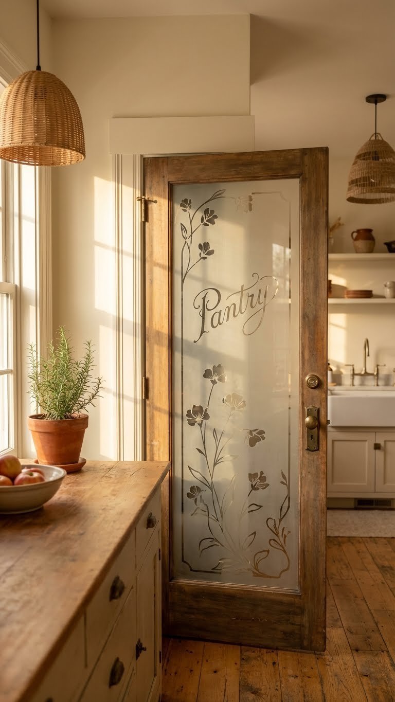 Charming kitchen boasts a bespoke etched glass pantry door with a delicate floral pattern, antique brass hardware, and a potted herb on a distressed wood floor.