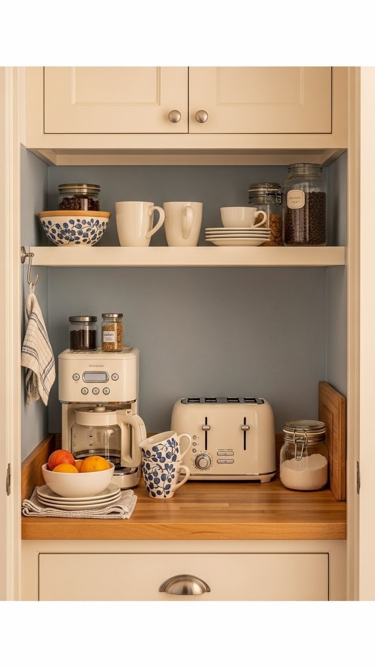 9 Smart Kitchen Pantry Ideas For Appliance Storage 5 Charming kitchen pantry breakfast station nook with coffee maker, toaster, and mugs on a butcher block countertop, evoking a cozy morning.