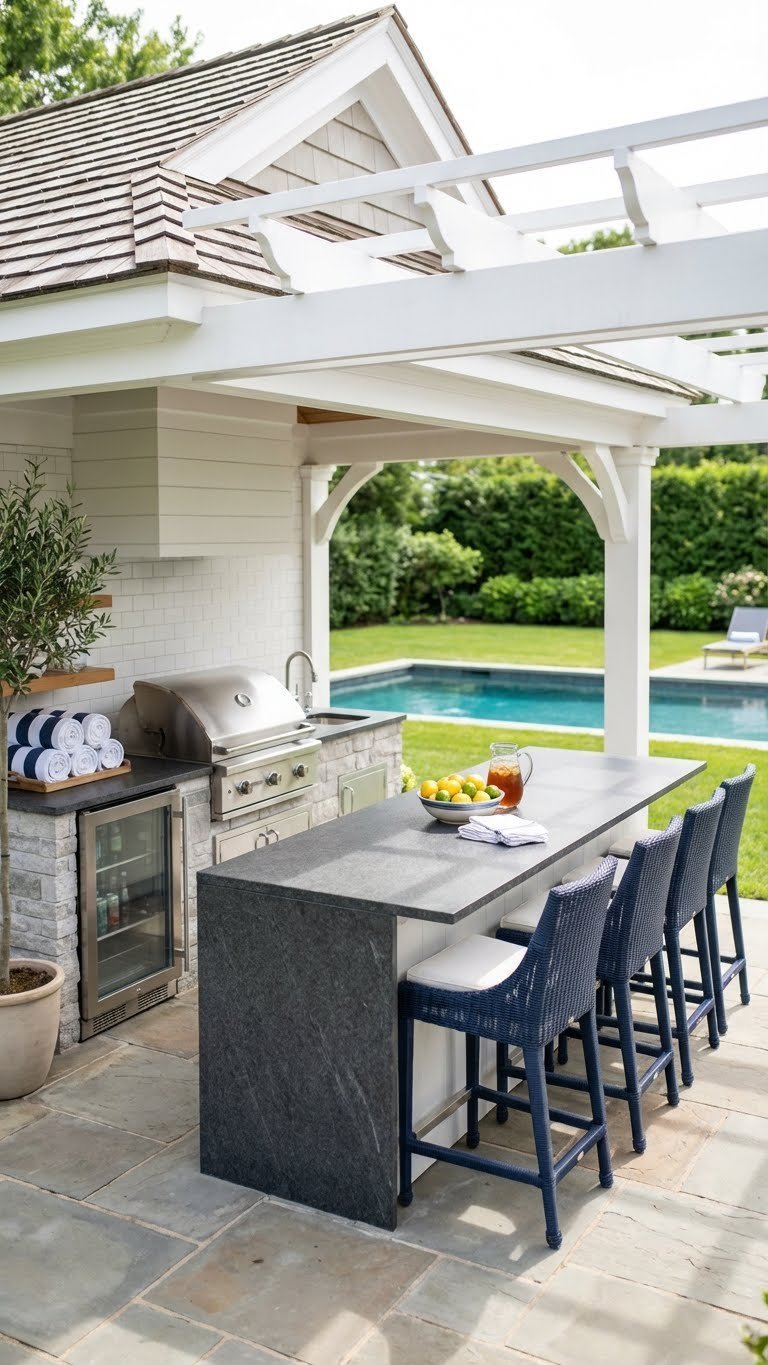 Outdoor Kitchen Pool Area Design Ideas For Luxury Entertaining 2 Charming pool house outdoor kitchen with built-in grill under daylight with wicker bar stools and citrus bowl