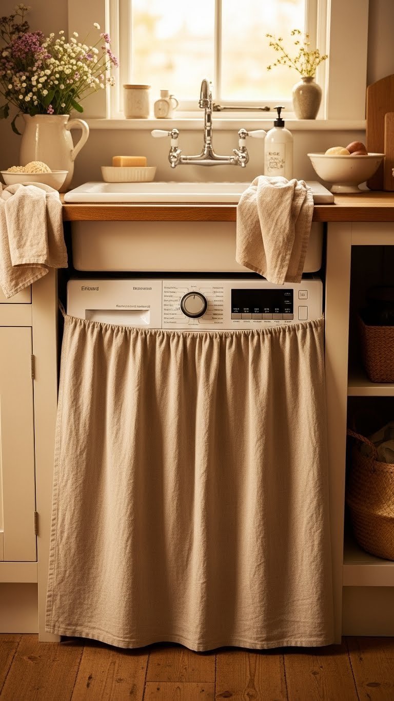 Charming rustic small kitchen with washing machine concealed by natural linen sink skirt beneath kitchen counter.