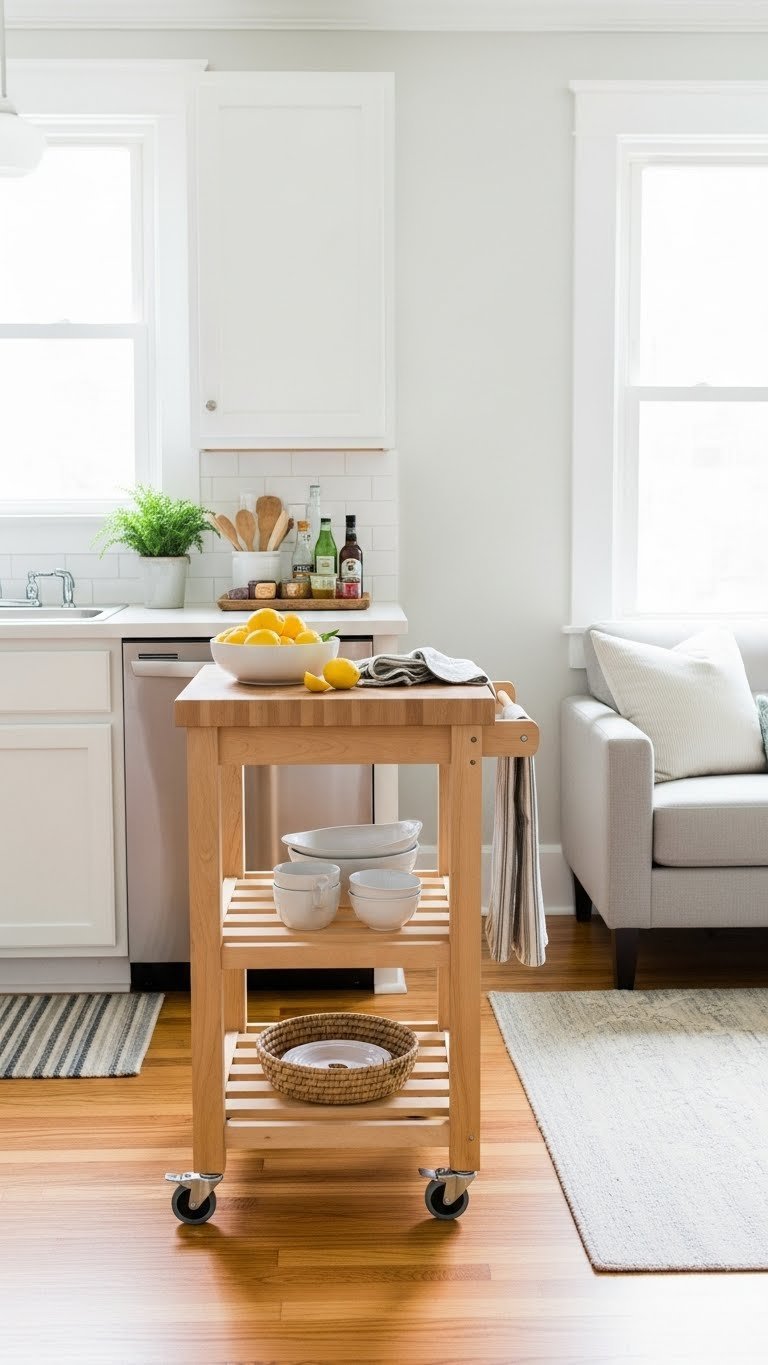 Charming small kitchen island with butcher block top on wheels, integrated shelves, bowl of lemons. Blends kitchen & living area.