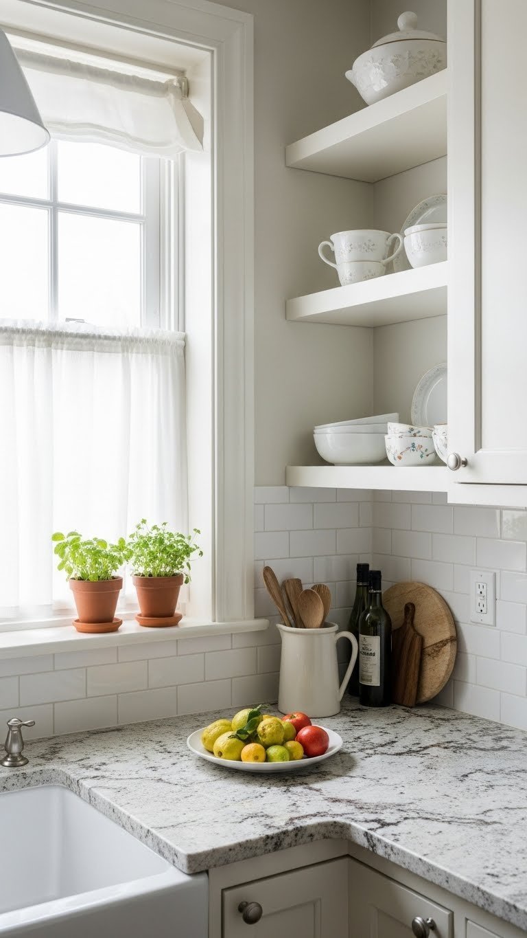 Small Kitchen Granite Countertops: 9 Genius Ideas For Space 17 Charming small kitchen with creamy white granite extending to window sill and floating shelves with potted herbs