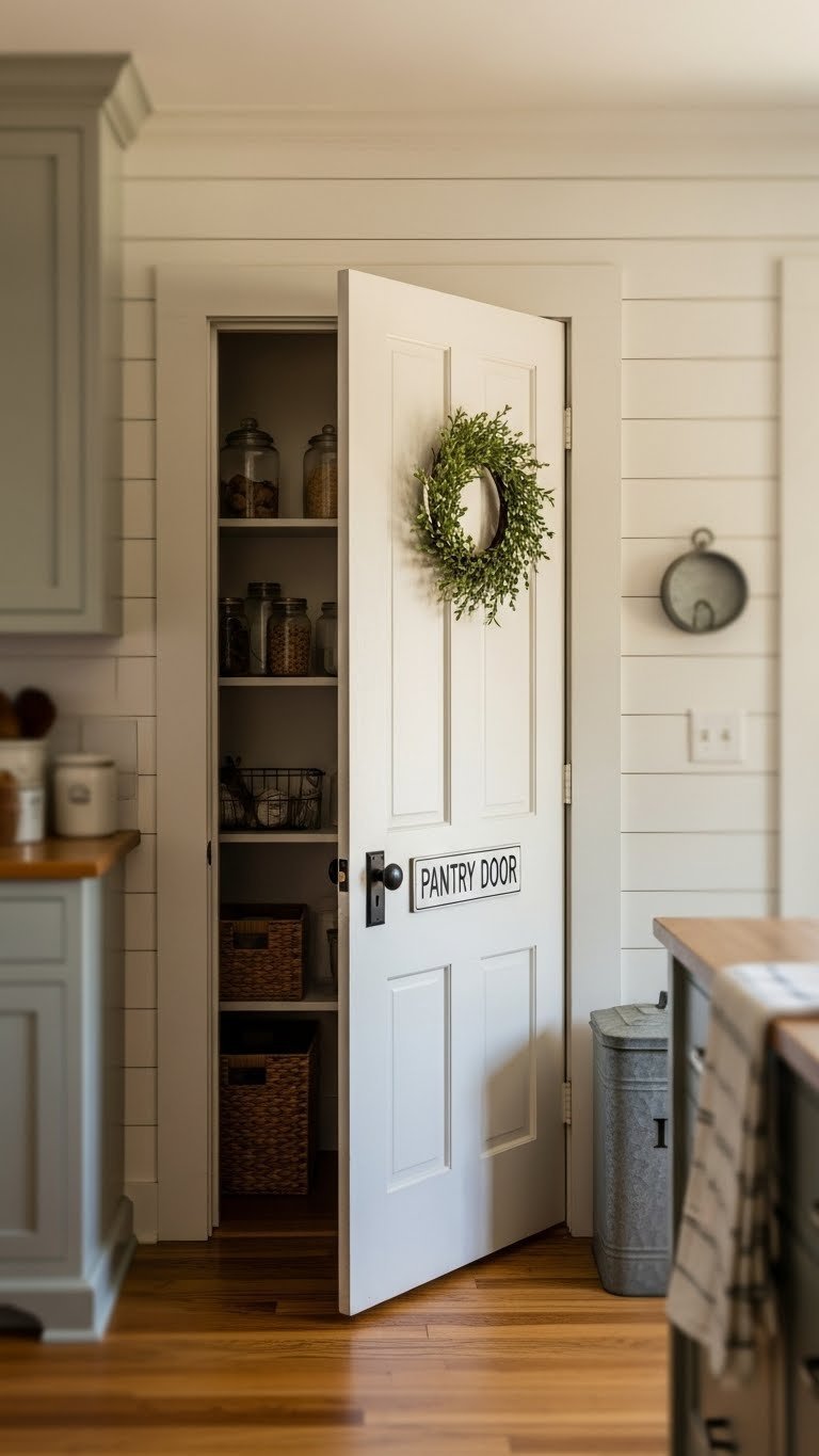 Charming solid wood larder pantry door, painted cream with a traditional handle, slightly ajar revealing artisanal goods in a farmhouse kitchen.